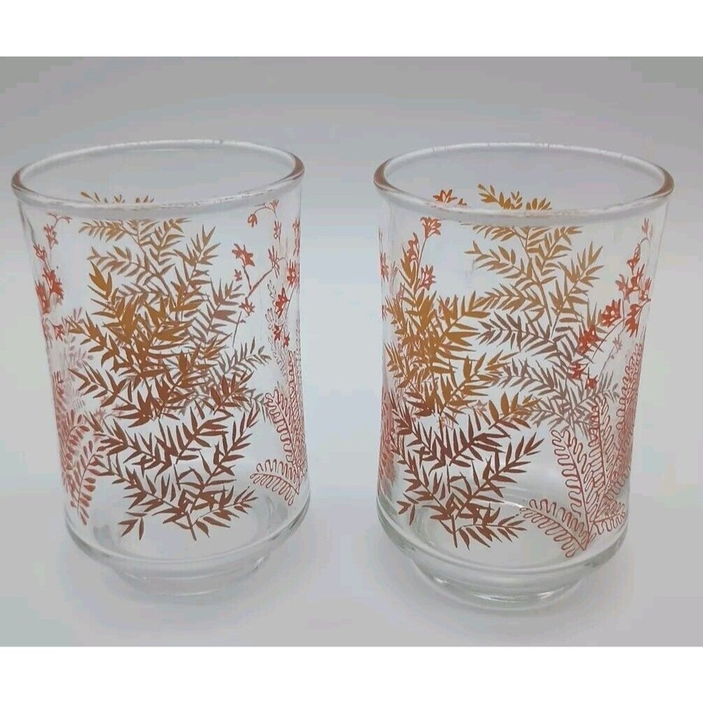 VTG Libbey Juice Glass 3.75" Embossed Orange Brown Fern Leaves Set Of 2